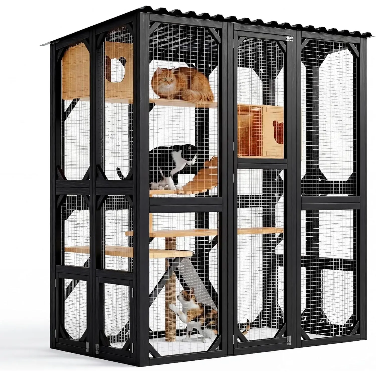 Large Walk-in Outdoor Catio Enclosure, Weatherproof Spacious Cat House for Multiple Cats, Complete with Hammock, Resting Box, Scratch Post and Scratching Board
