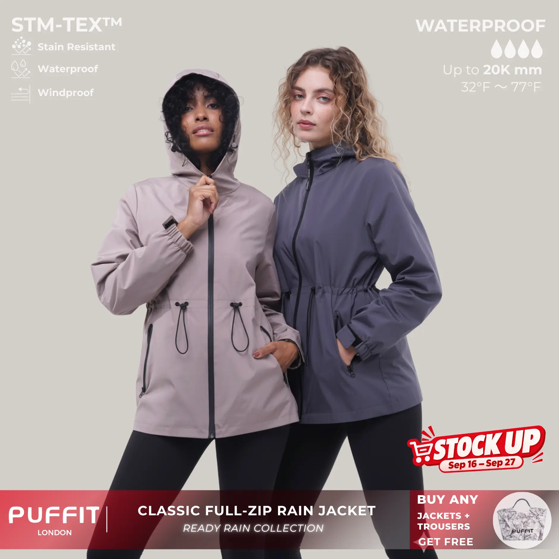 PUFFIT STM-TEX Waterproof Lightweight Hoodie Jacket,Women's Warm Full Zip Rain Coat Adjustable Waist & Hood & Cuff Design Comfort Casual Inner Pocket,Outdoor,Shell Jacket,Windbreaker,Dog Walking,School Running,Womenswear,Winter Fall Jacket,2026 Shopping