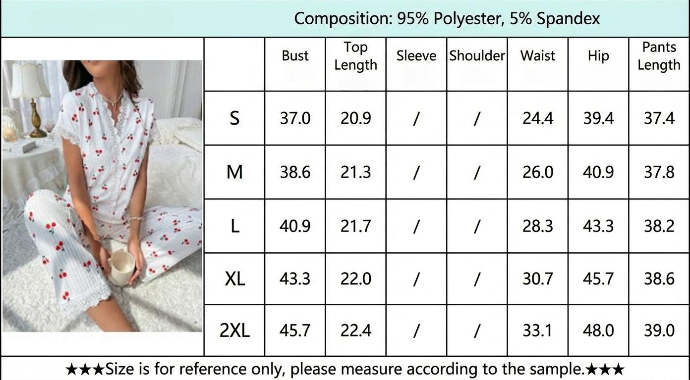 Cherry Print Short-Sleeve Collared Pajama Set for Women Oversized Style with Matching Pants