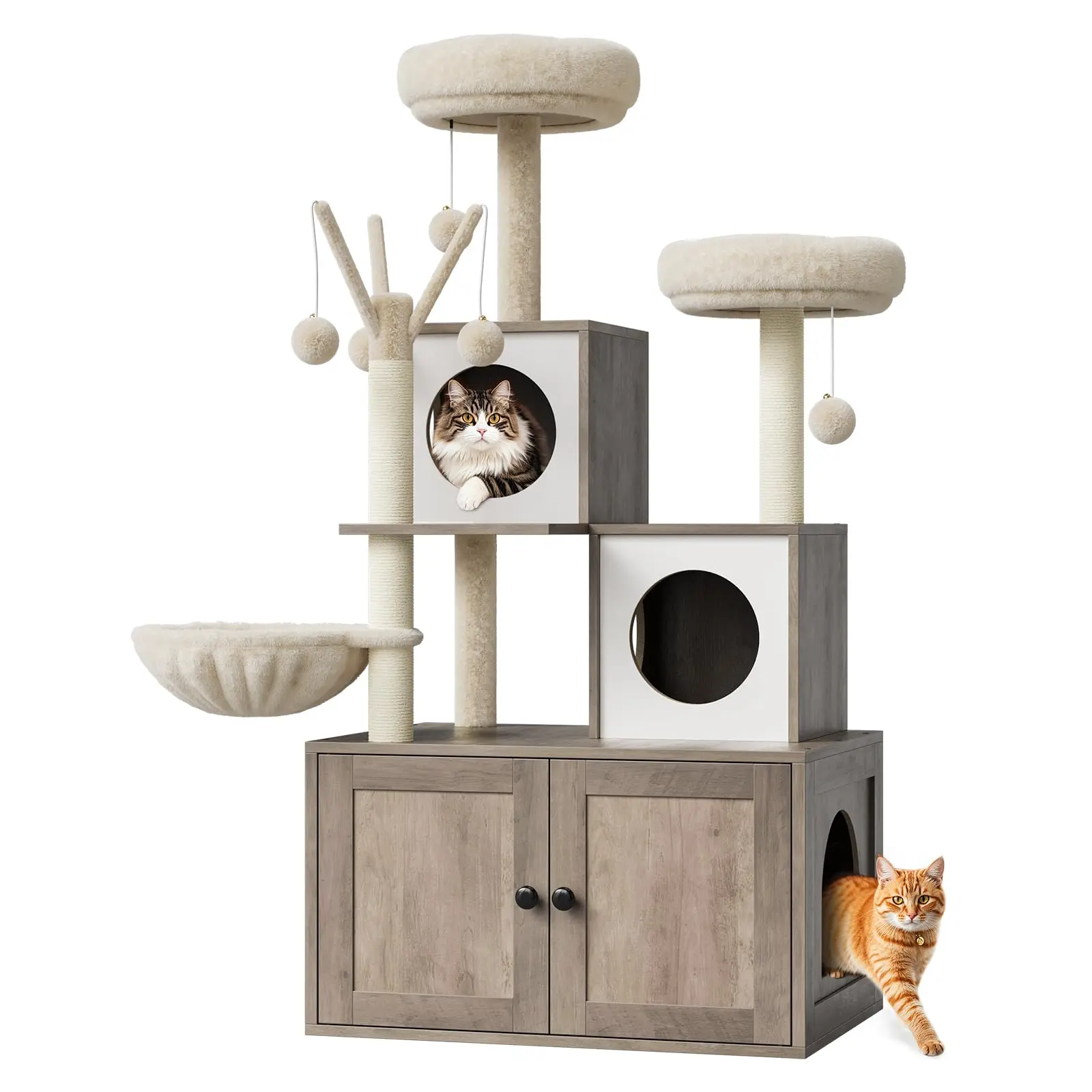 Versatile Cat Litter Box Enclosure & Tree Tower - Modern Hidden Washroom Furniture with Condo Hammock, Scratching Posts, Multiple Soft Perches - Pet Supplies for Indoor Cats