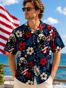 Men's patriotic Hawaiian shirt with American flag, eagle, and lotus leaf print - short sleeved summer camp collar Aloha top, suitable for July 4th and summer vacation Independence Day, versatile for daily use, fashionable gift