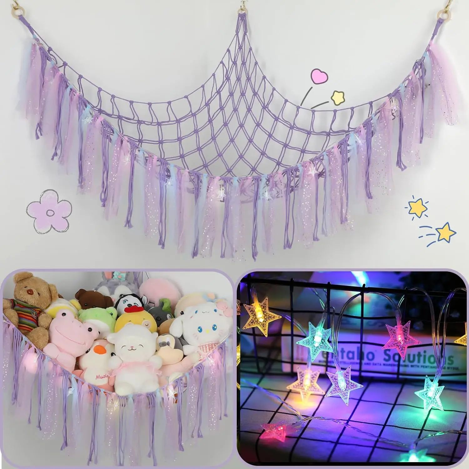Purple Handwoven Animal Hammock with LED Lights - 59in Hanging Cotton Mesh Transparent Colorful Wall-Mounted Plush Organizer with Wooden Rings for Kids Bedroom Nursery Decor