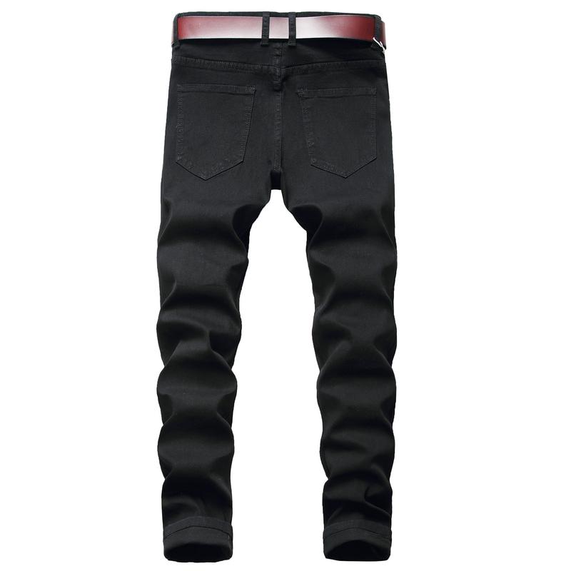 High Street Ripped Black Slim Fit Skinny Jeans for Men with Leather Patch and Stretch Men's Long Pants