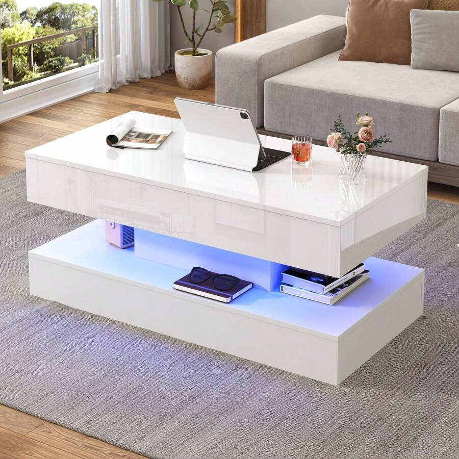 39.4"/47.2" Large Lift Top Coffee Table with Charging Station & LED Lights, Modern High Glossy Center Table with Hidden Compartment Storage for Living Room
