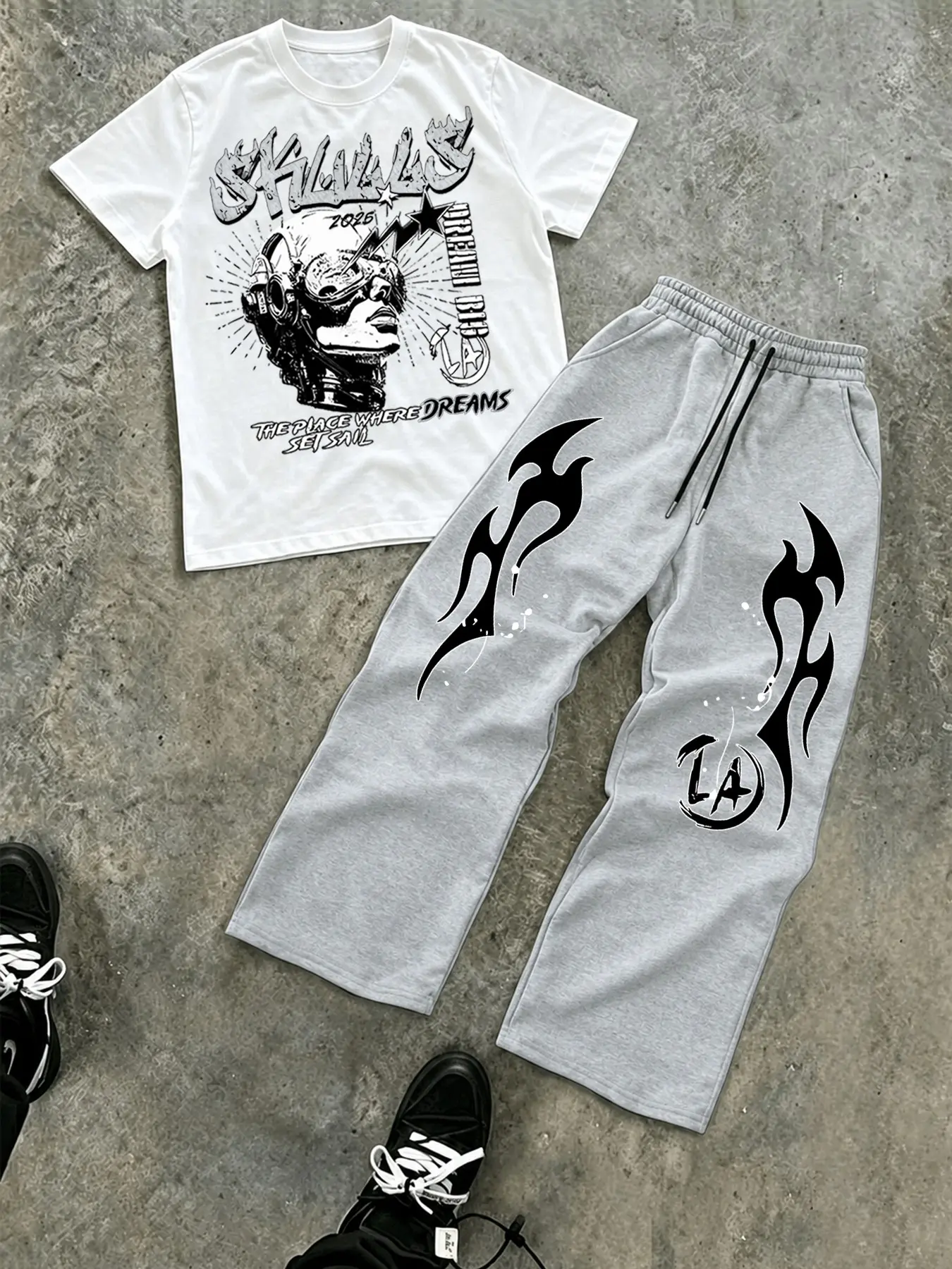 Men's Casual Vintage Y2K Punk Motorcycle Tee & Loose Drawstring Pants Set, Streetwear, Daily Wear, Hip Hop Style, Menswear