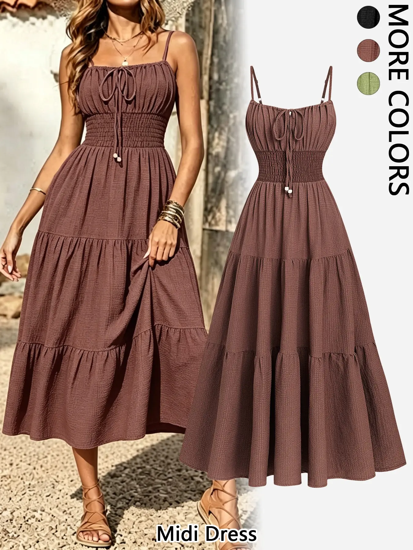 Spaghetti Strap Sleeveless Tiered Midi Dress for Women, Summer Tie Front Smocked Flowy Sundress, Boho Coastal Beach Vacation Wear, Bridal Shower and Cottagecore Romantic Brunch Outfit