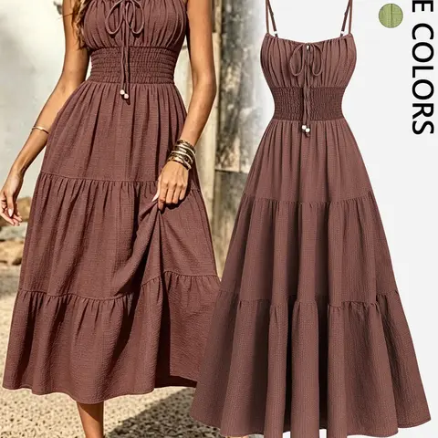 Spaghetti Strap Sleeveless Tiered Midi Dress for Women, Summer Tie Front Smocked Casual Flowy Sundress, Boho Coastal Beach Vacation Wear, Bridal Shower and Cottagecore Romantic Brunch Outfit