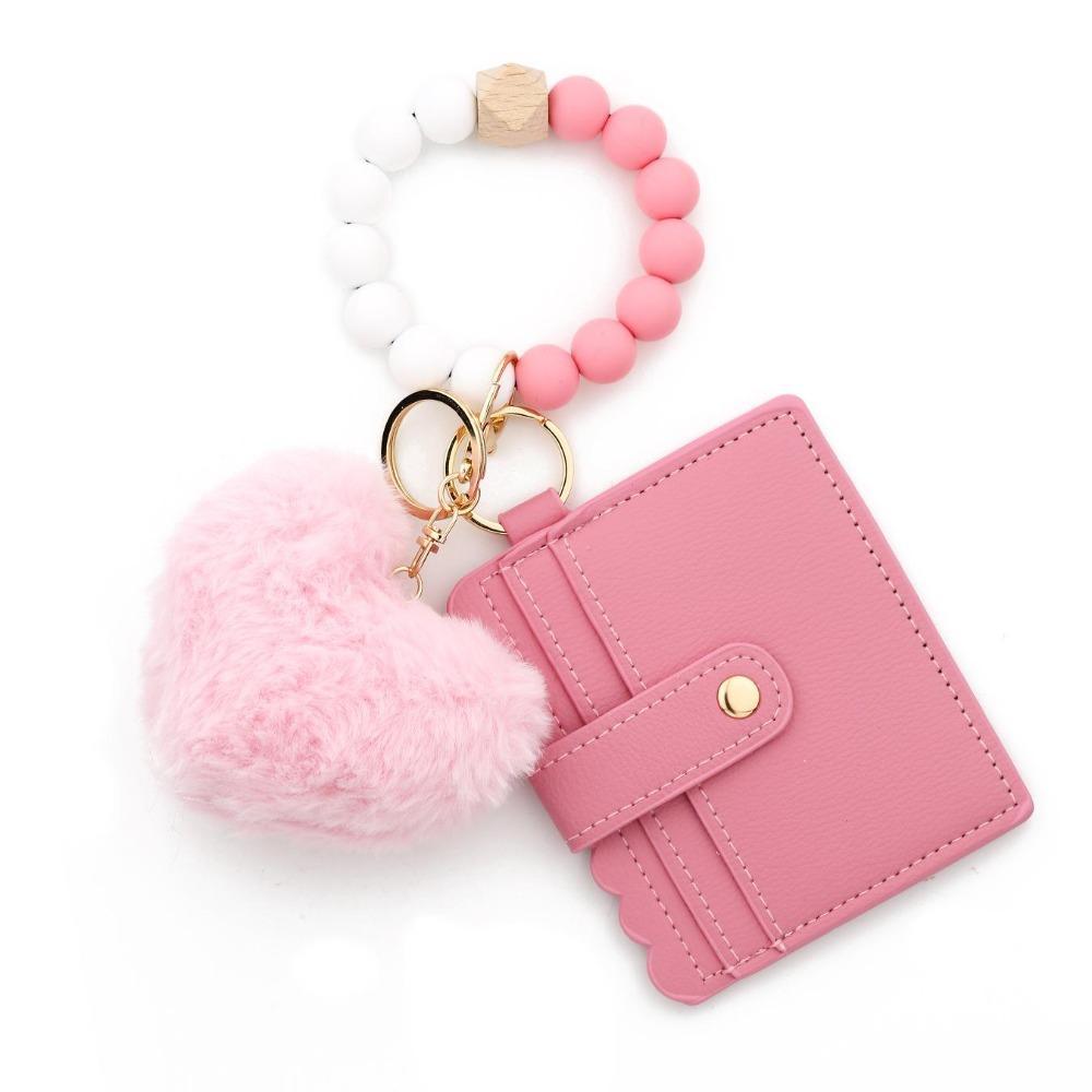 New Cartoon Plush Love Card Bag with Beaded DIY Silicone Bracelet, Wallet Keychain & Luggage Pendant