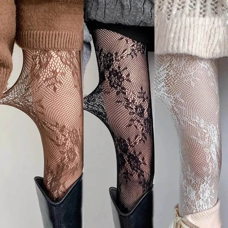 Y2K Harajuku Style Women Hollow‑Out Floral Lace Mesh Pantyhose, Stretchy Sheer Flower Pattern Fashion Tights Hosiery, Versatile Stockings for Daily Outfits, Party, Dating and Cosplay Looks