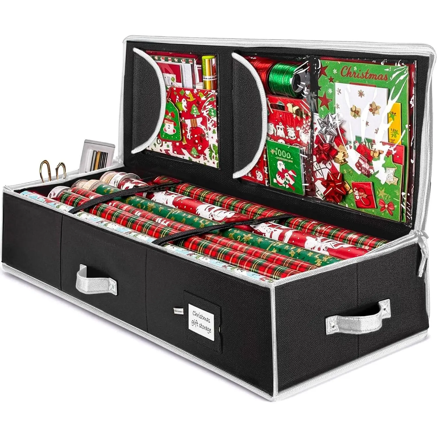 600D Oxford Gift Wrapping Paper Organizer Storage - 40" Gift Wrap Storage Containers with Interior Pockets for Bows, Tags & Ribbons - Wrapping Paper Holder, Fits 24 Standard Rolls, Black/White