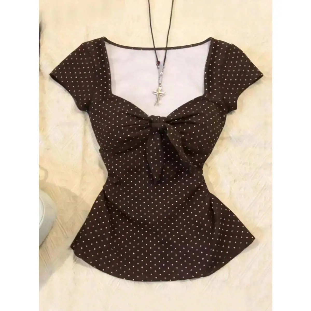 Women's Polka Dot Twist Short-Sleeve T-Shirt - Versatile Casual Daily Wear, Comfortable Fabric, Flattering Fit Tops