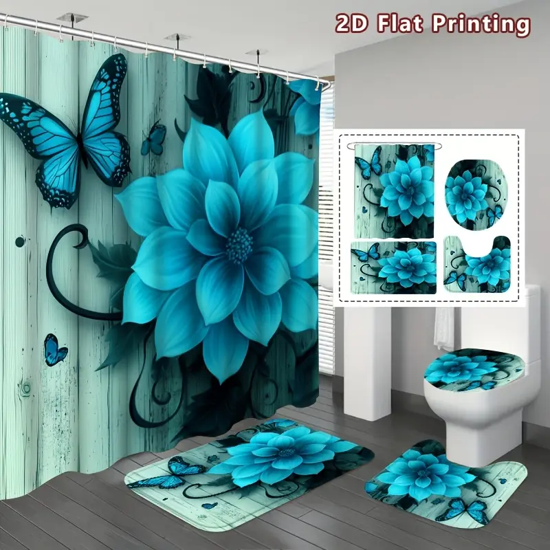 4-Piece blue flower butterfly shower curtain set, blue flower and butterfly bathroom decoration, set includes bath mat, U-shaped floor mat, toilet cover and shower curtain, seaside style, home decoration, bathroom accessories
