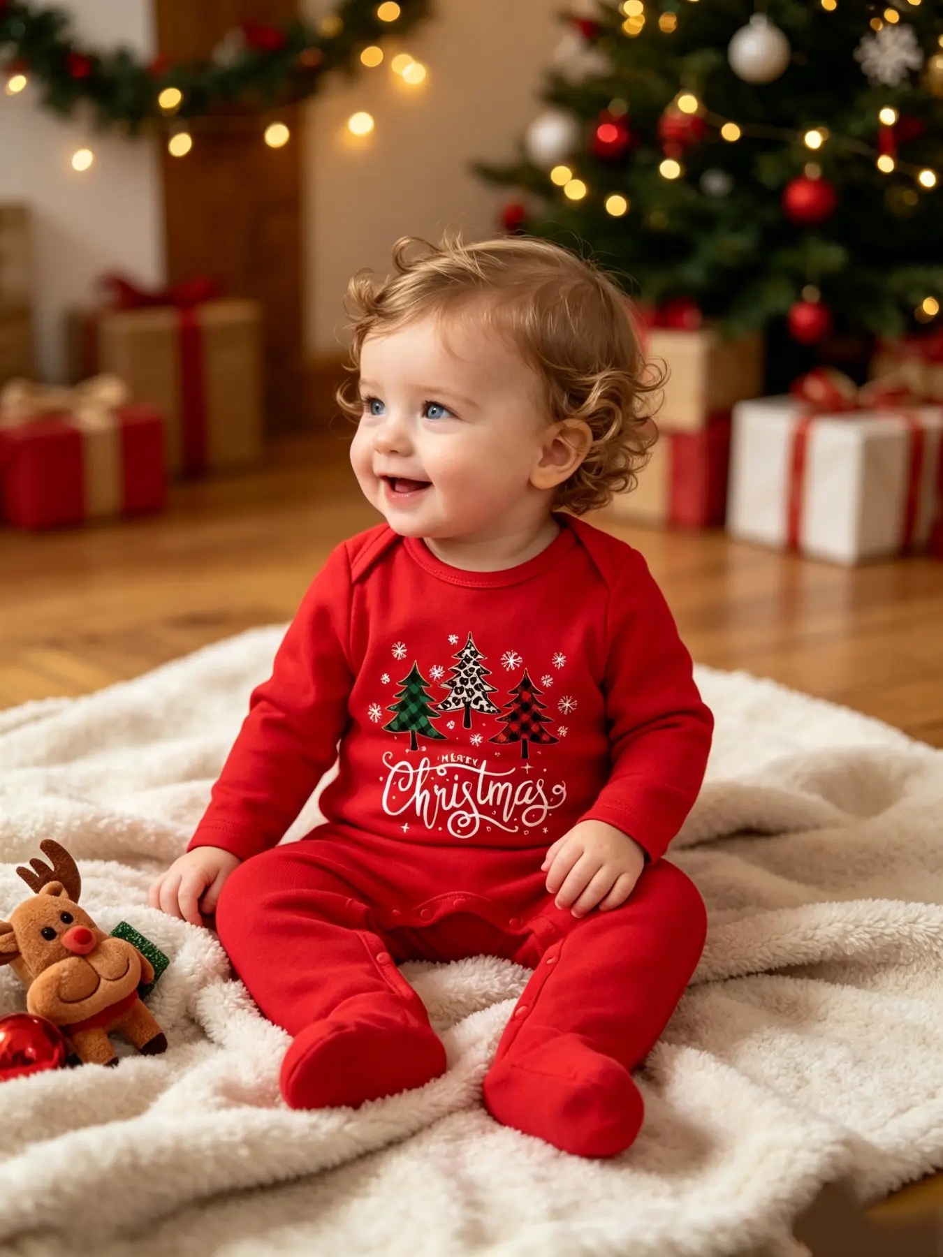 Spring Fall Baby Christmas Tree Onesie, Unisex Envelope Neck Bag Foot Crawling Suit, Newborn Outdoor Romper, Infant Clothing
