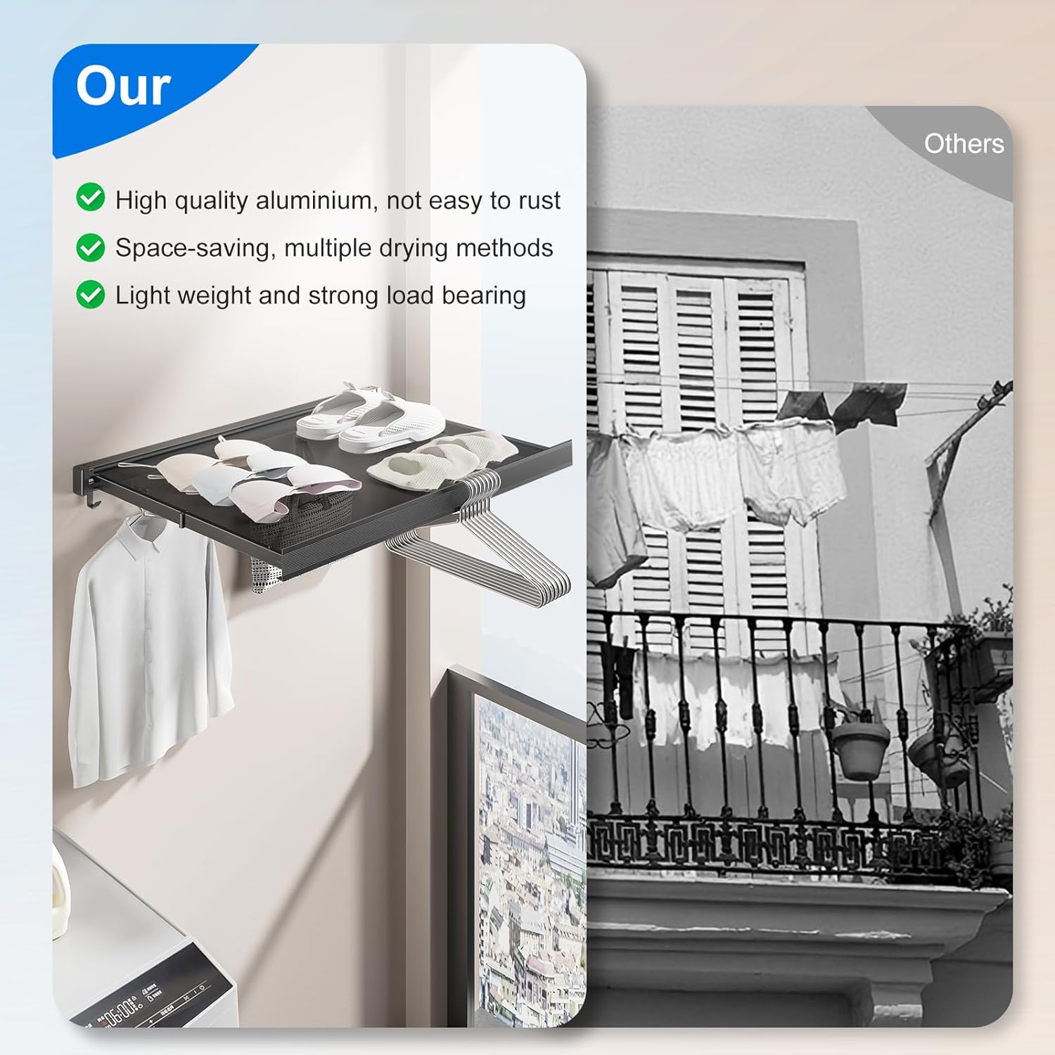 Space Saving Wall Mounted Towel Rack, Foldable Aluminum Towel Bar with Mesh Design, Rustproof with 6 Removable Hooks, No Drill Installation for Bathroom Balcony Laundry