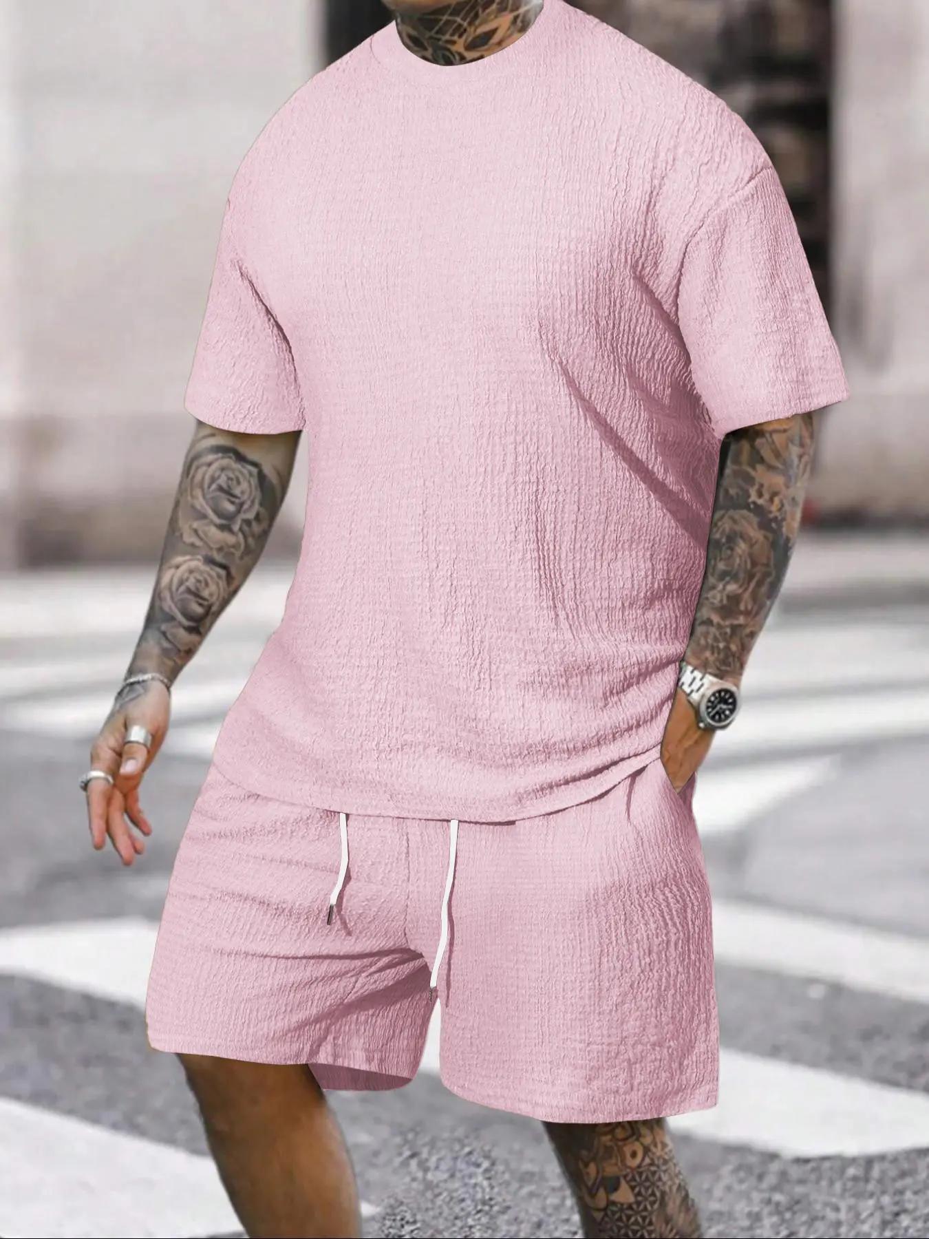 Men's Solid Textured Round Neck Tee & Drawstring Waist Shorts Pyjama Set, Short Sleeve Top & Shorts Set, Casual Comfy Men's Sleepwear & Loungewear, Menswear, Pajama Set