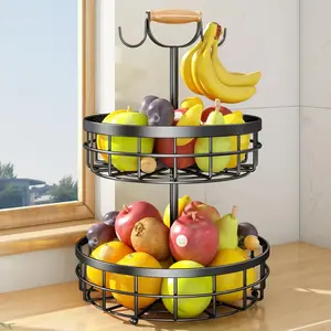 2-Tier Fruit Basket Bowl Vegetable Storage with 2 Banana Tree Hanger and  Lift Handle, Kitchen Countertop Metal Wire Basket for Bread Onions Potatoes (Black, 2 Tier)
