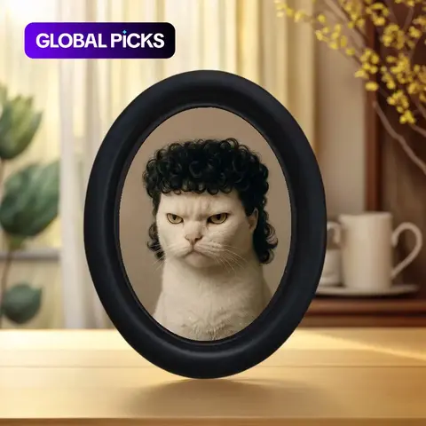 Vintage Funny Curly Hair Cat Photo Oval Picture Frame, Fun Anthropomorphic Cat Portrait Art, Healing Desktop Ornament, Unique Home Wall Decor, Photo Decorations #GLOBAL PICKS