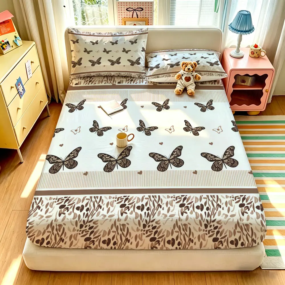 A three-piece digital print bedspread set with a butterfly pattern, including one bedspread and two pillowcases, without a filling. The bedspread is soft and comfortable, with a deep pocket design, and it's perfect as a gift
