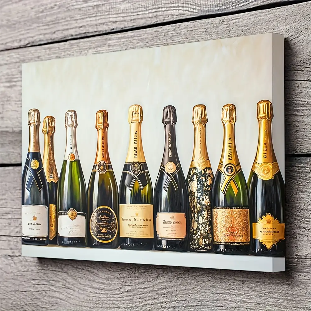 2D Flat, 1Pc Champagne Bottle Combination Canvas Poster, Framed Wall Art Decorative Painting, Home Decoration, Perfect Holiday Gift for Both Men and Women