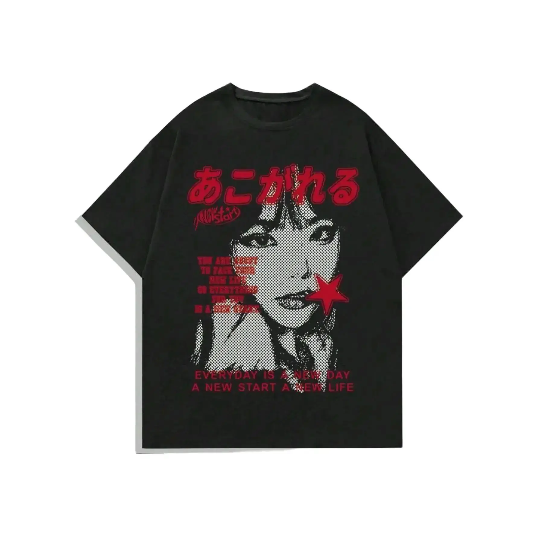 Vintage Acid Wash Black Japanese Kanji Red Star Girl Portrait Oversized Tee, Y2K Halftone Figure Letter Graphic Unisex Cotton T-Shirt, Distressed Loose Fit Grunge Streetwear Short Sleeve Top, Everyday Summer Casual Aesthetic Outfit For Men Women