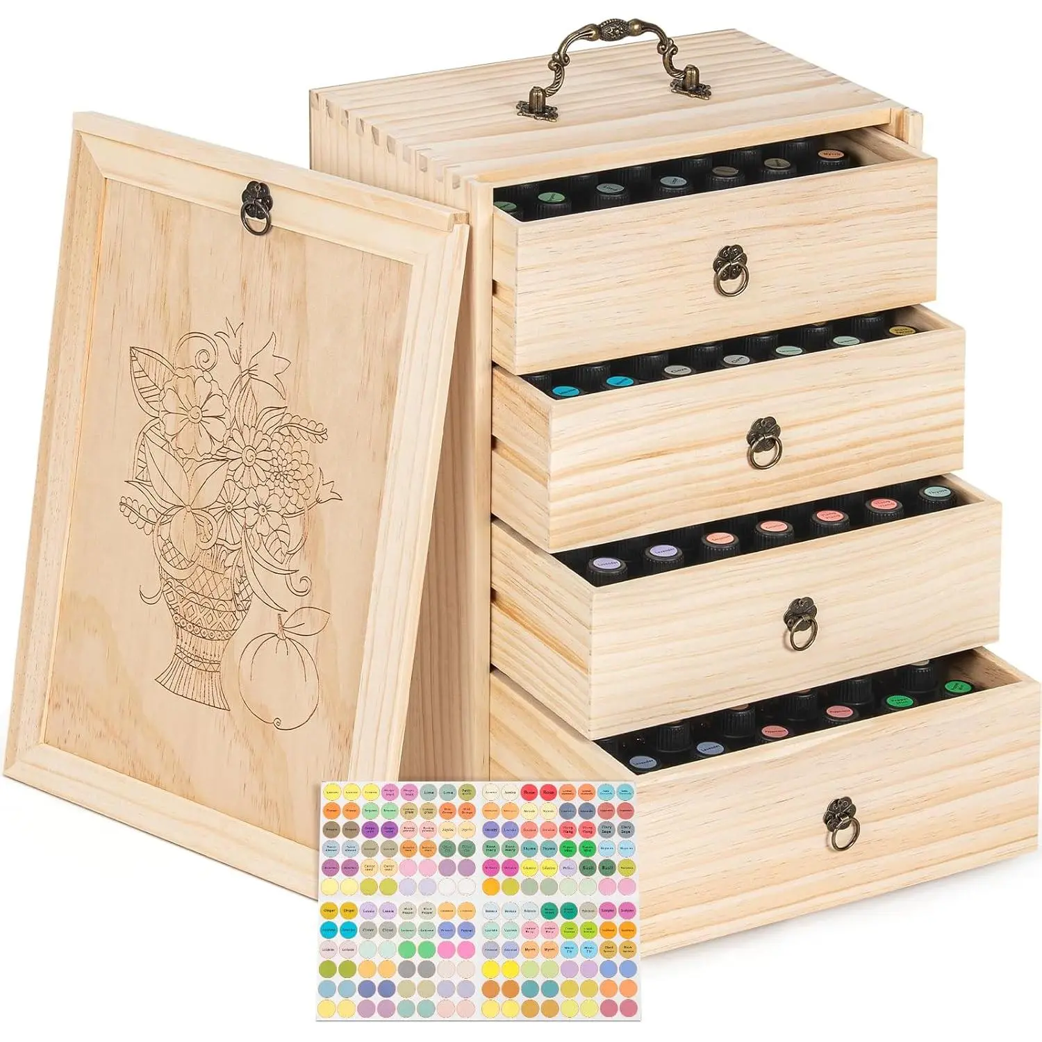Wooden Essential Oil Storage Box (112-Capacity, 5-30ml Holders) with 4 Drawers, Hard Shell, Labels, Dividers, Removable Door - Large, Organized Set, Home Organizer Gift Idea for Young Living Terra
