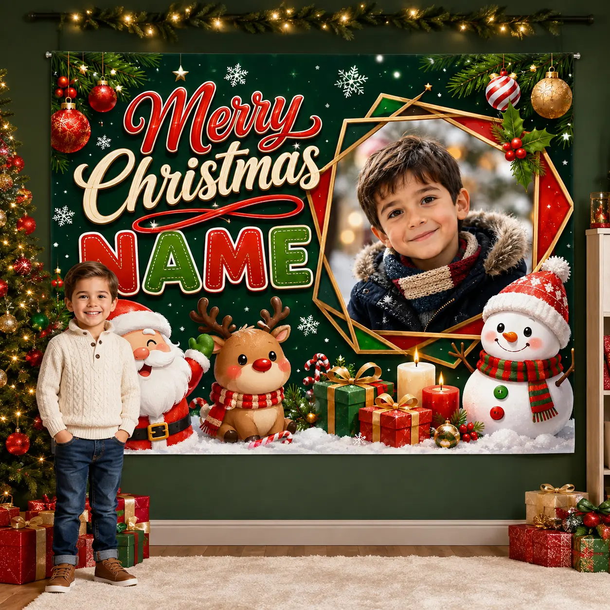 Personalized Classic Christmas Backdrop, Custom Name Photo Santa Snowman Reindeer Dark Green Holiday Banner, Family Party Decor