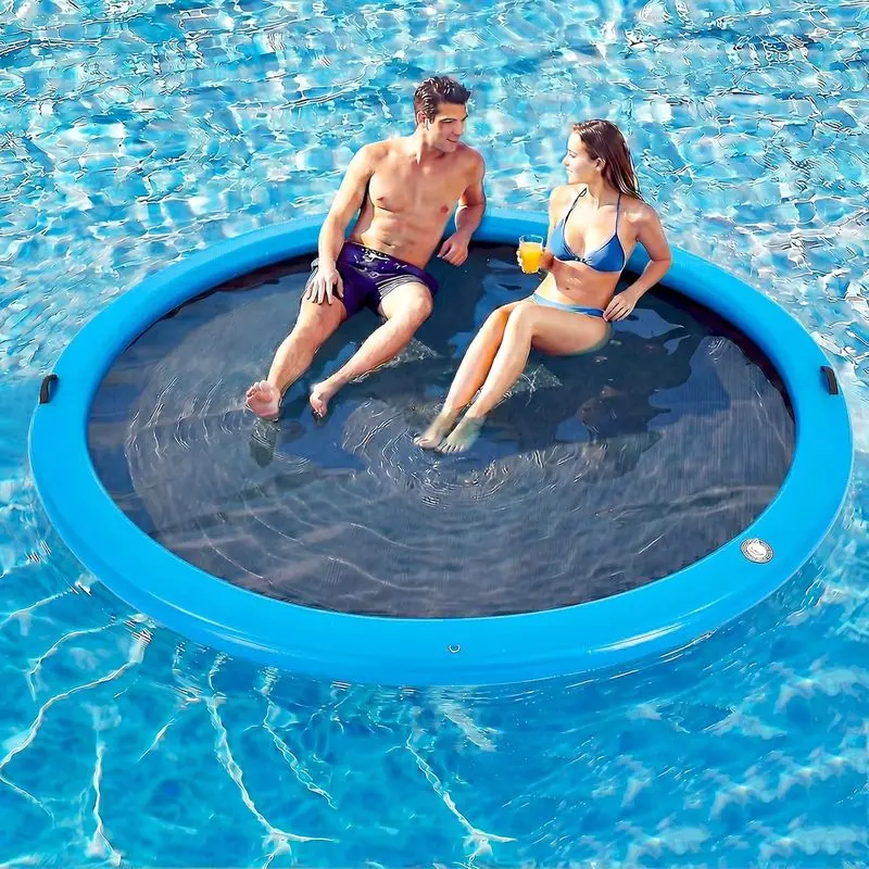 6-12FT Round Inflatable Floating Dock,  Float Ring, Water Hammock Tanning Pool Floats with Woven Fabric, Manual Pump for Quick Inflate/Deflate, Fits 2-8, Ideal for Lakes, Oceans