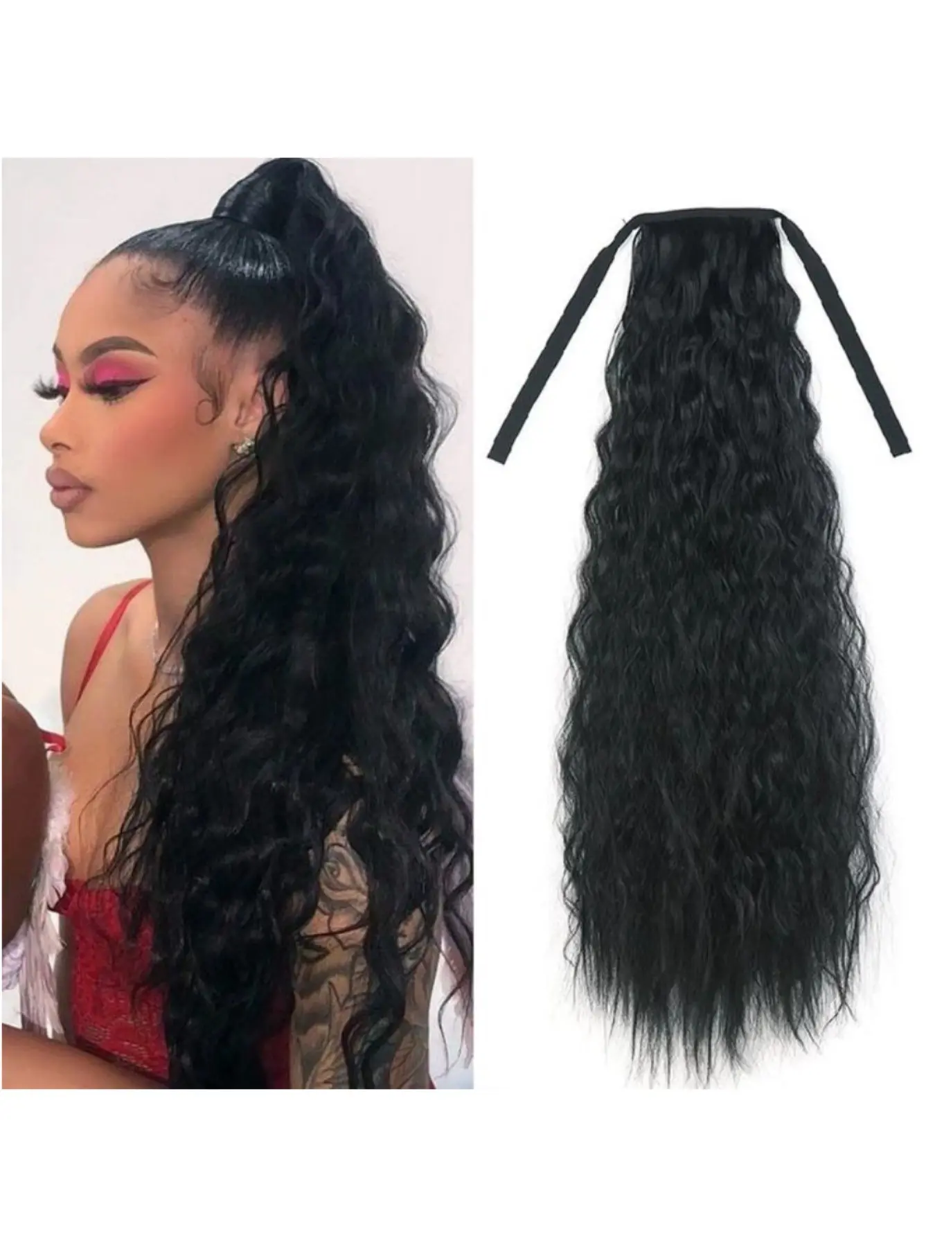 Synthetic Kinky Curly Ponytail Extension Drawstring Clip In Ponytail Hairpiece Black Blonde Hair Color Soft Fluffy Full Volume Natural Style Easy Attach Hair Extension for Women Party Daily Wear