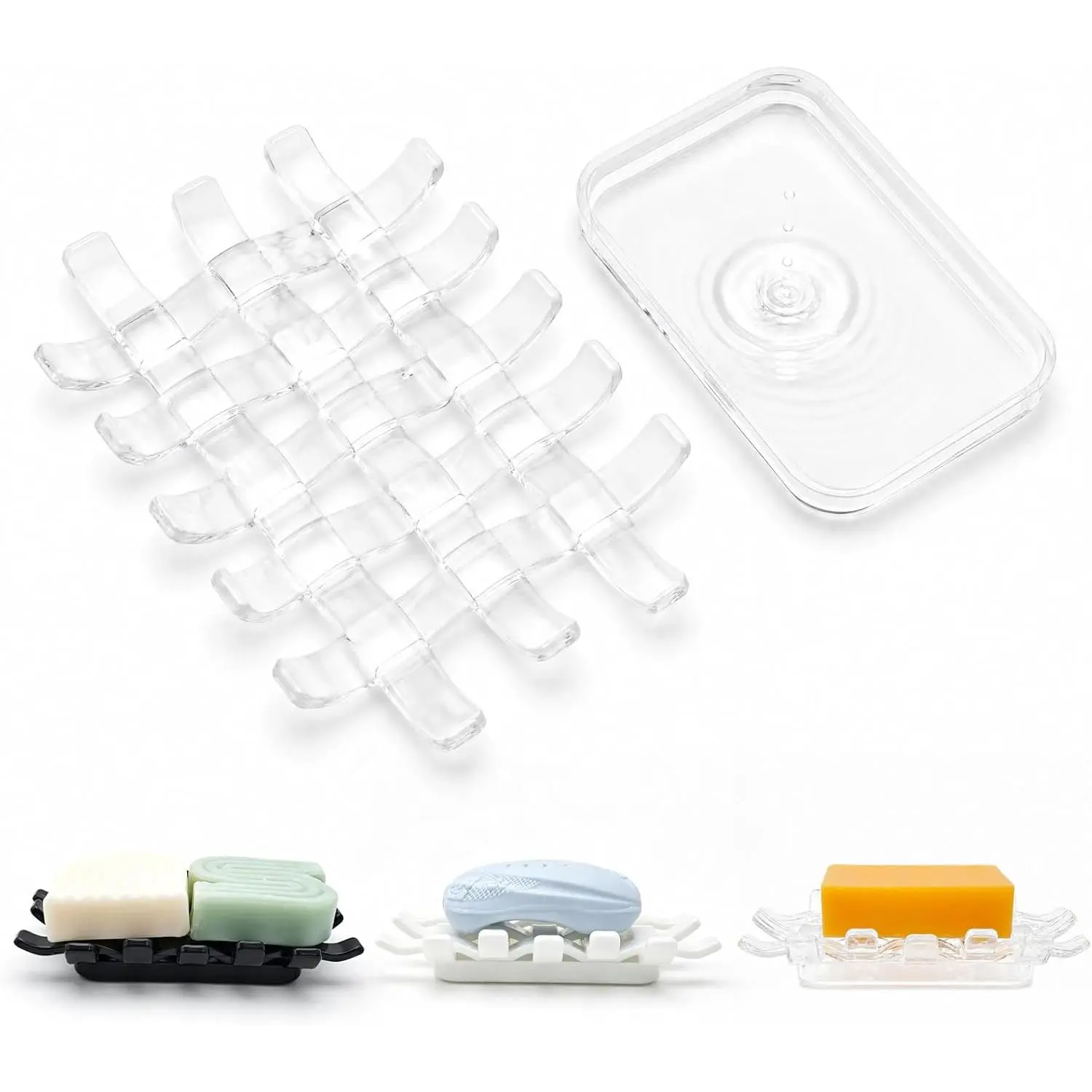 1 Pack Woven Design Self Draining Clear Soap Dish for Bathroom Sink, Double-Layer Shower Soap Holder with Removable Drip Tray for Kitchen Counter, Plastic Shower Soapdish for Bar Soap & Sponge