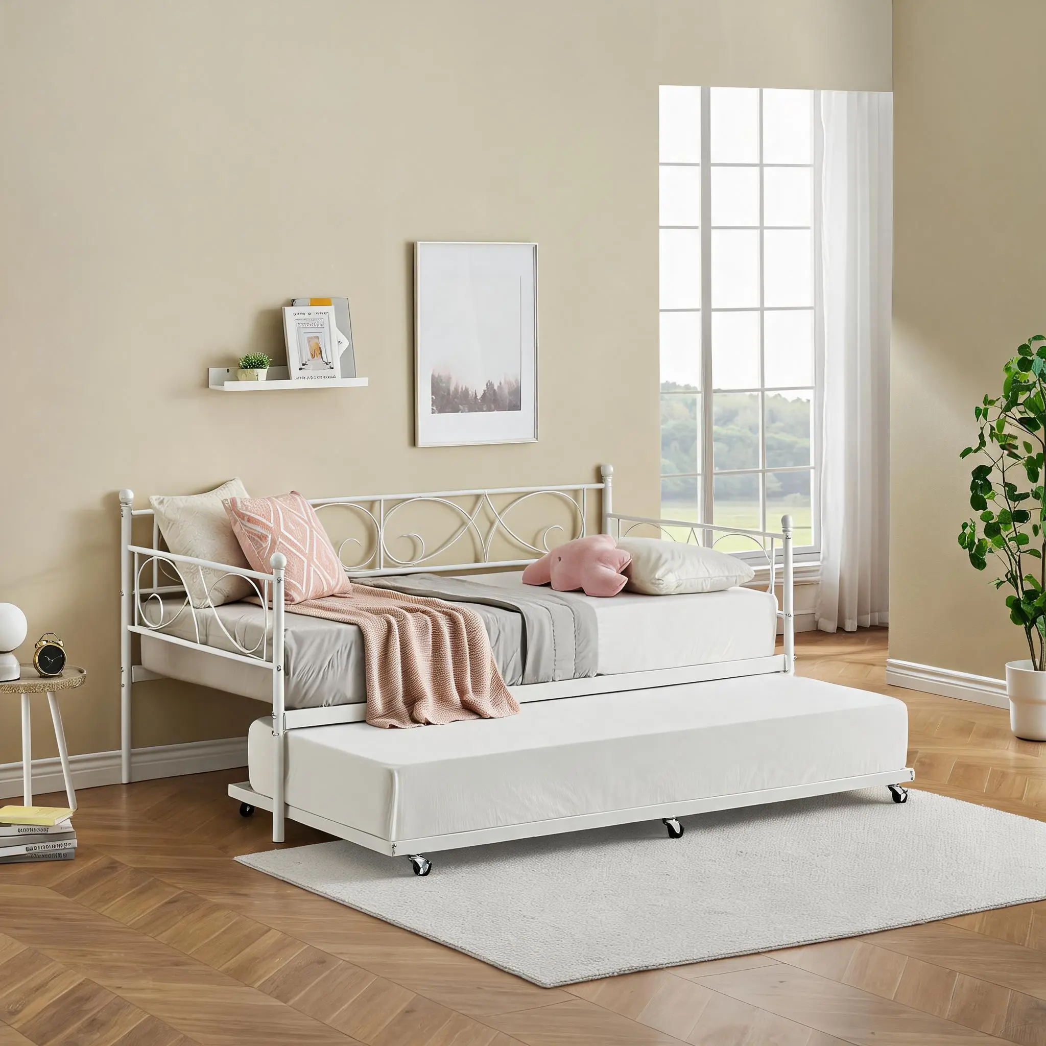 Space-Saving Twin Metal Daybed Frame with Trundle - Heavy Duty Steel Slats & Headboard - Modern Sofa Bed Frame for Bedroom, Kids, Teens, Adults - No Box Spring Needed -  White