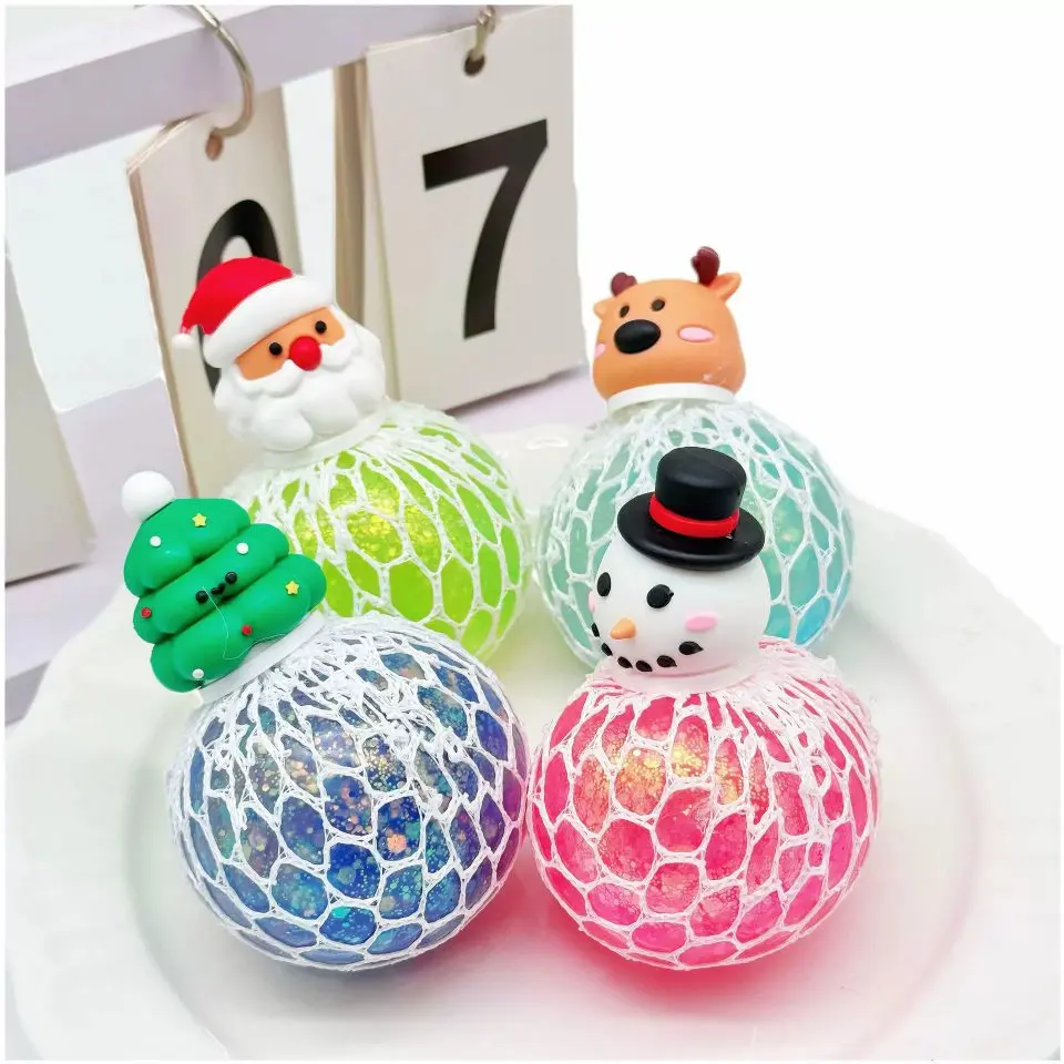 Christmas Mesh Grape Stress Ball Squishy Toy, Glitter Squeeze Fidget Toys with Snowman Santa Christmas Tree, Kids Relief Vent Toy, Christmas Party Favors, Goodie Bag Fillers Stocking Stuffers
