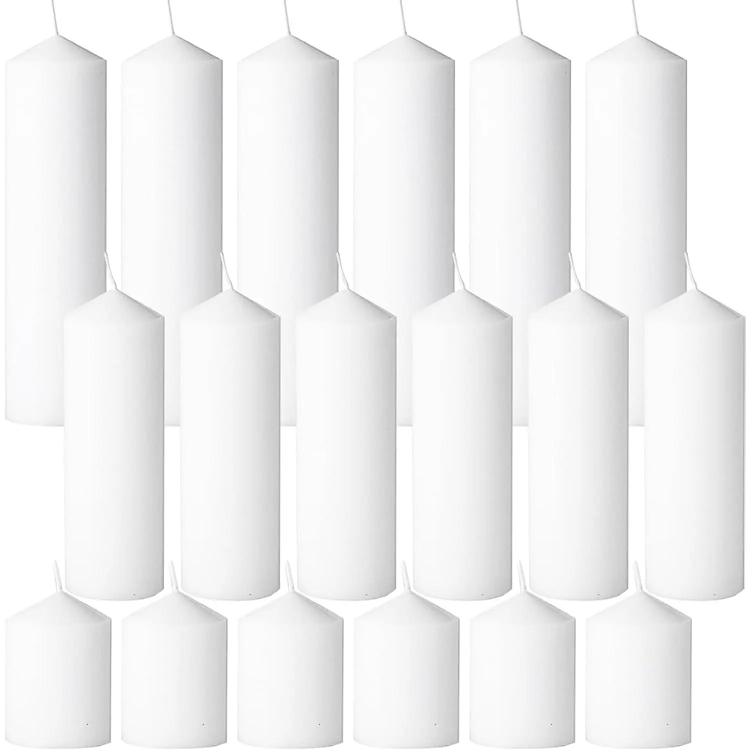 18 Pcs White Pillar Candles Bulk Set，3 Different Lengths 2 x 3/4/6 Inch (6 Each)，Hurricane Candles，Dripless Unscented Smokeless，Gives You a Better Atmosphere When Organizing an Event Party.
