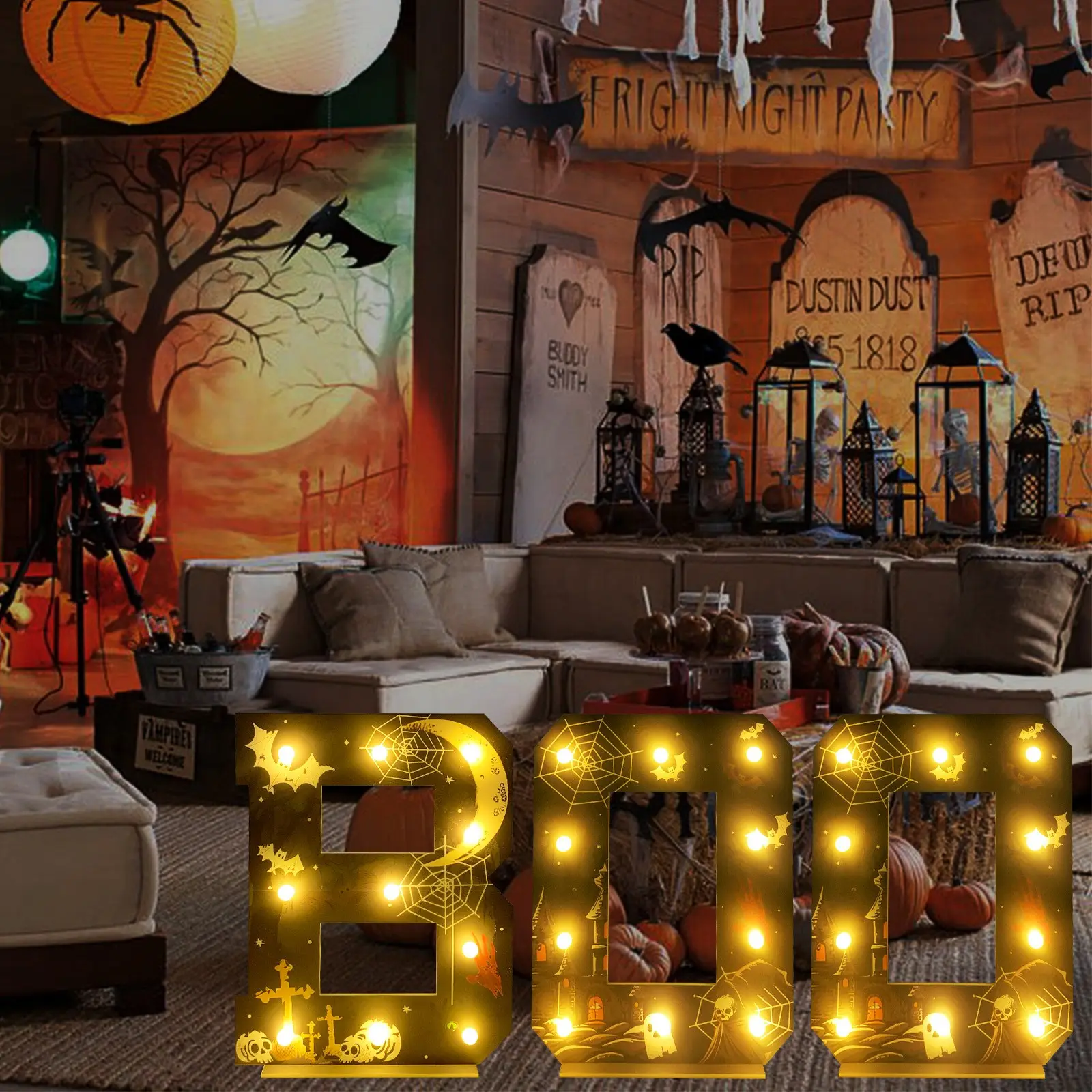 1.47 FT/17.7in/45cm Marquee Light up Letters "Boo" Marquee Light Up Letters BOO Halloween Marquee Glowing Boo Halloween Party Indoor and Outdoor Decorations Halloween Marquee Sign Cardboard Marquee BOO