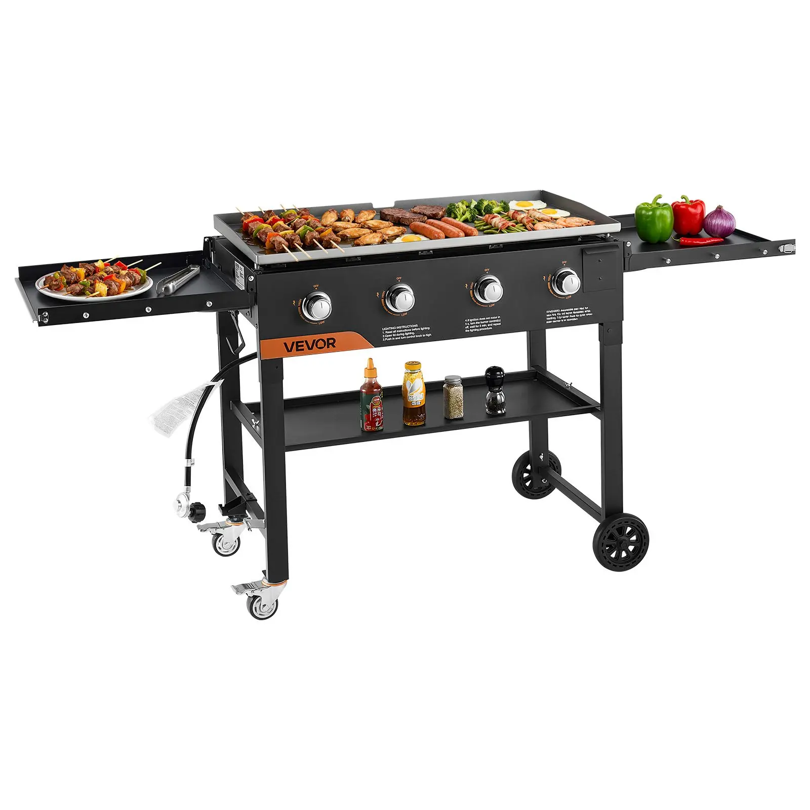 Gas Griddle, 4-Burner Flat Top Grill, 36 inch Grill Plate Foldable Propane Griddle with Wheels, 60000 BTU Outdoor Flat Top Grills for Pan-Frying, Grilling, Stir-Frying, & BBQ, Pulse Ignition