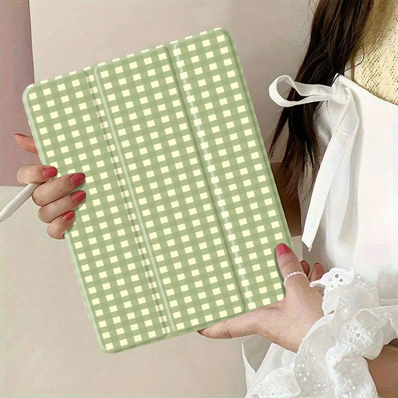 Durable Cotton Green-Beige Checkered Tablecloth, Wipe Clean, Easy to Maintain, Ideal for Picnics, Camping & Parties, Charming Table Setting Addition