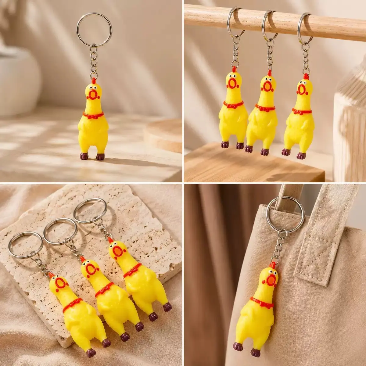 Scream Chicken Keychain, Mini Soft Gel Prank Toy, Hang on Bag, Keys, Phone, Novelty Gag Gift, Quick Squish Prank Accessory