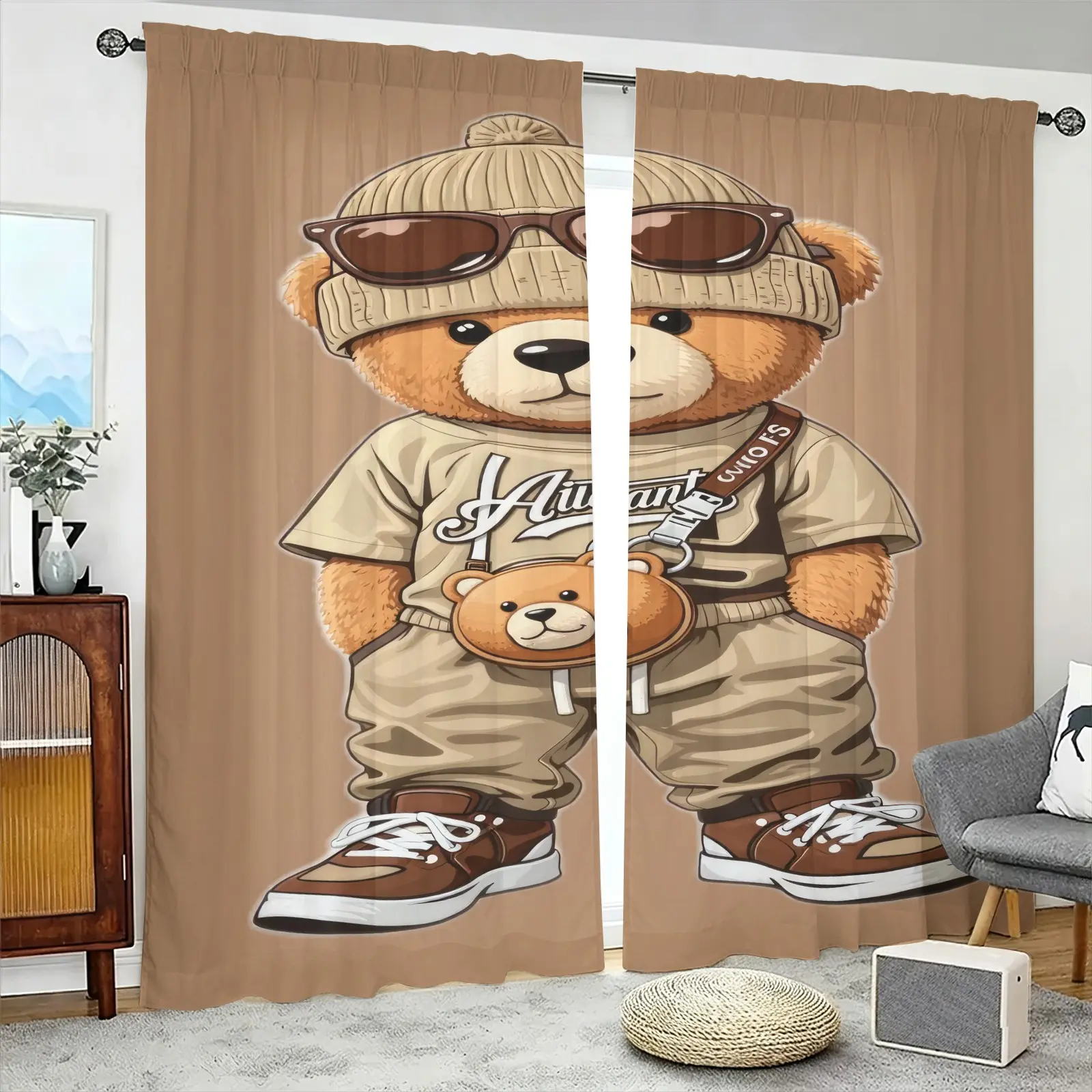 2pcs Trendy Street Style Teddy Bear Print Curtains: Cool Cartoon Teddy Bear Wearing Sunglasses And A Knitted Hat Print, Brushed Fabric, Semi-Blackout Curtains (For Privacy), Colorfast, Rod Design;  For Bedroom And Living Room Decor. Machine Washable