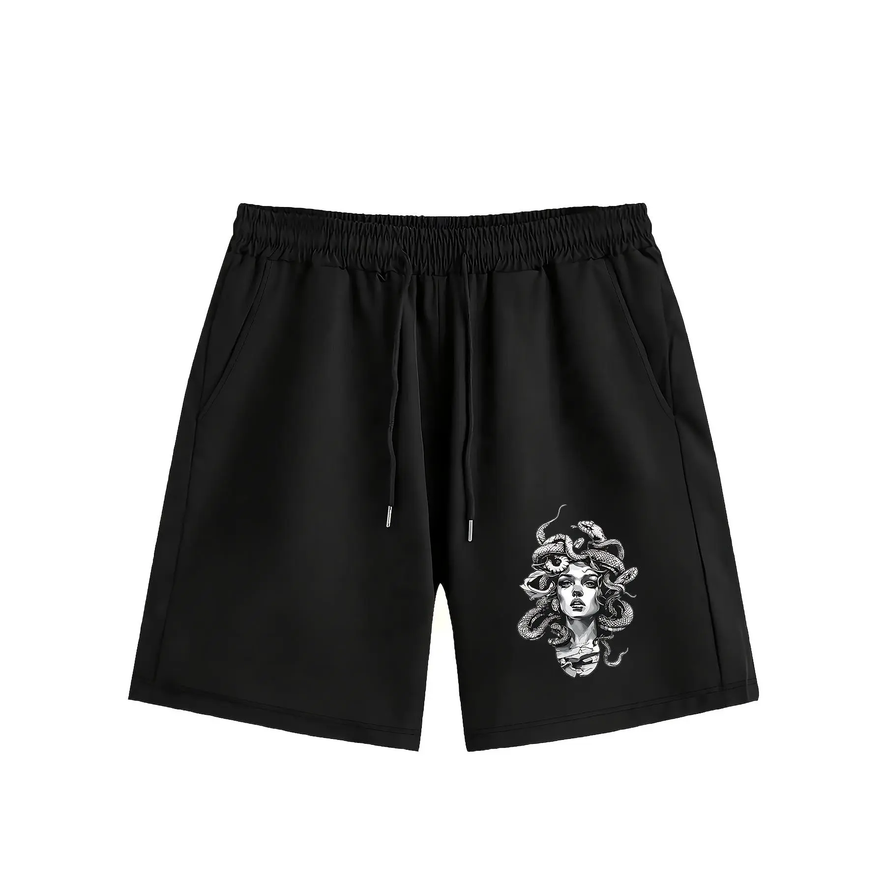 Men's Slim Fit Compression Casual Shorts - Knitting Polyester Fabric Bottoms with Digital Medusa Head Drawing Print, Regular Fit Versatile for Daily Wear & Leisure Activities