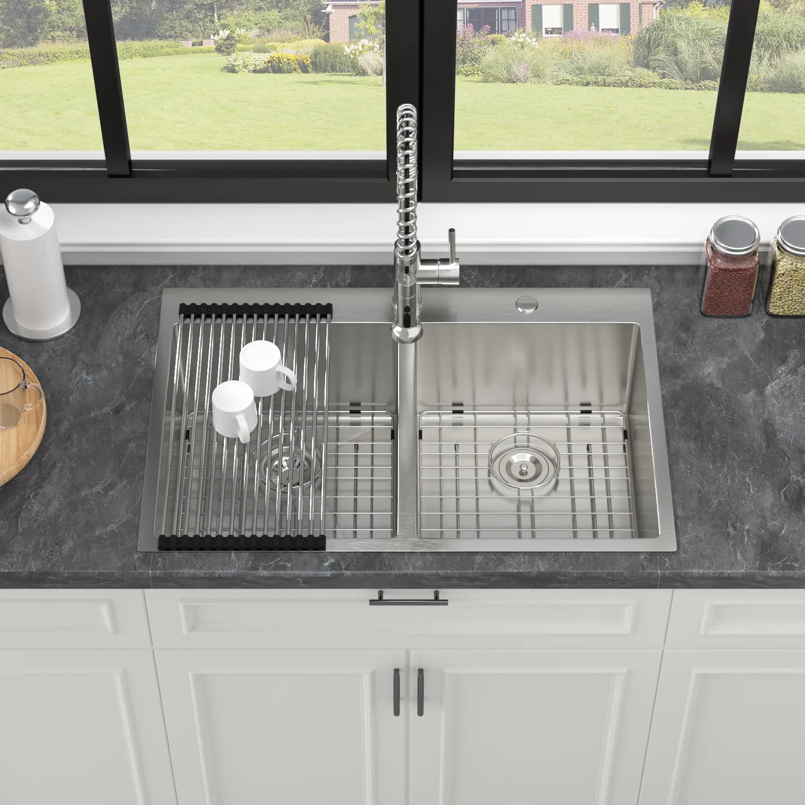 ARCH Rectangular 33x22x10 in 16-Gauge T304 Steel Double Bowl 50/50 Drop-In Kitchen Sink, Brushed Nickel Deep Basin, Undermount/Topmount Design, with Drain Strainer, Dish Grid & Drying Rack for Home Kitchen