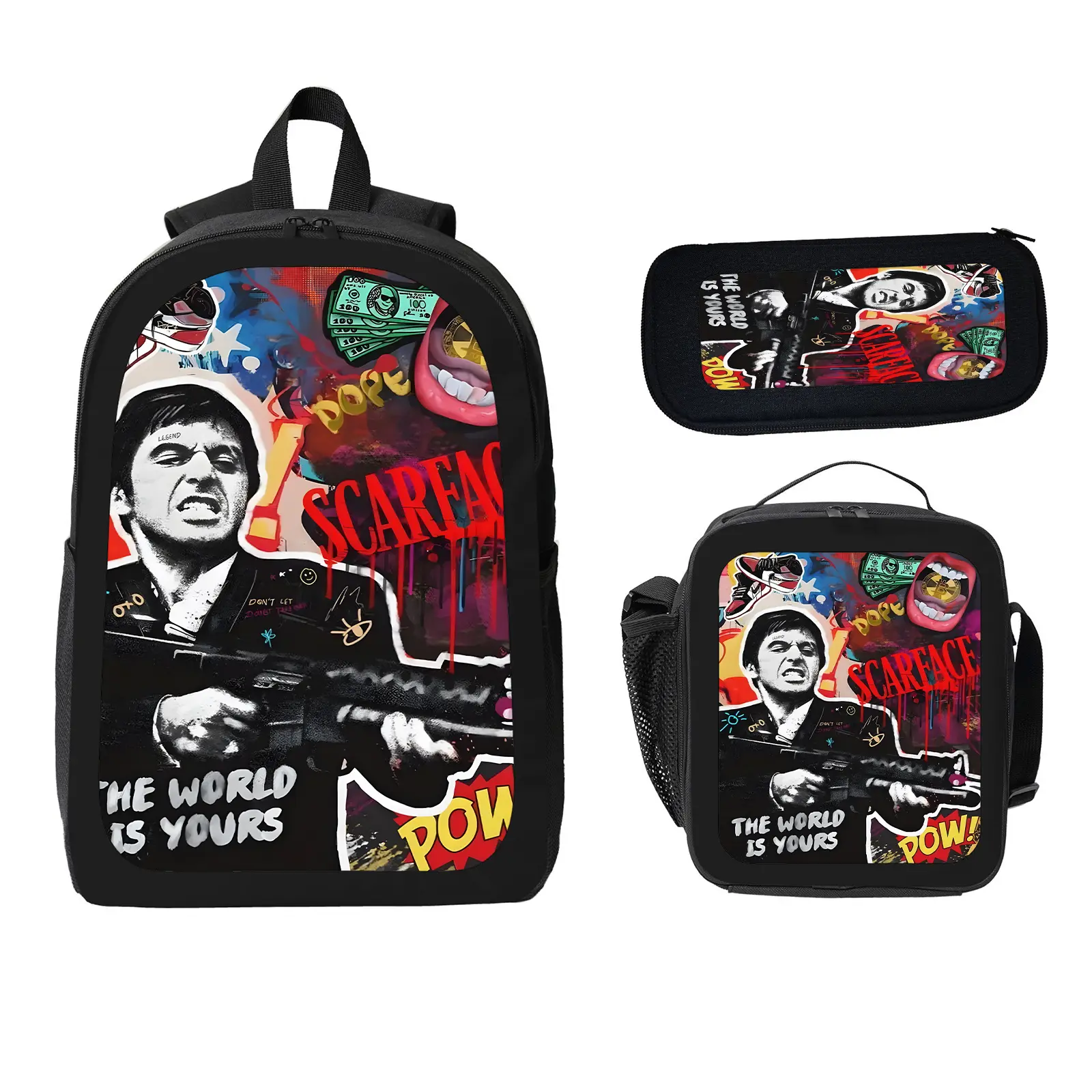 Scarface 3 Pcs School Backpack Set for Boys Girls Kids, Large Capacity Bookbag with Insulated Lunch Bag Pencil Case, Water Resistant Travel Daypack for Elementary Middle School e-63