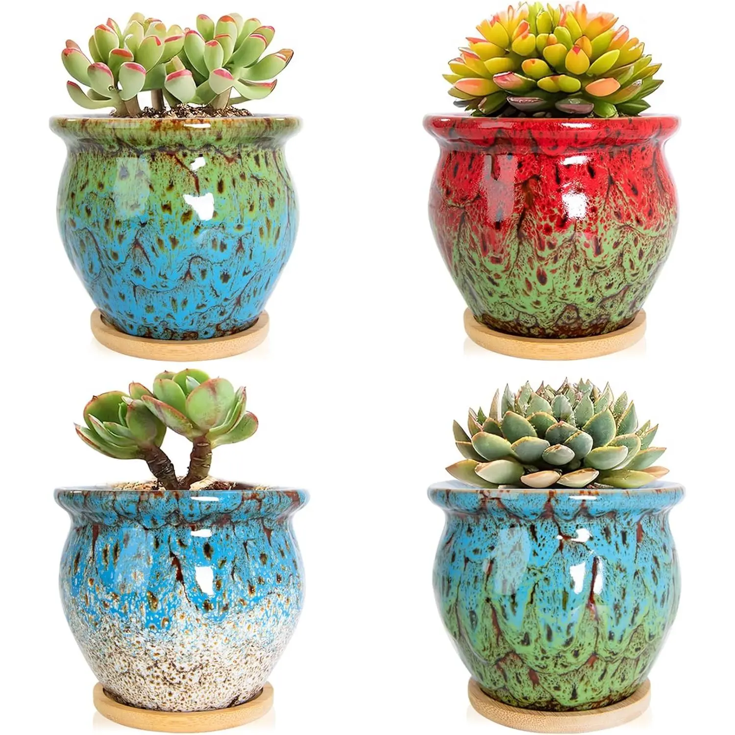 Succulent Pots - 4 Pack Small Plant Pots with Drainage Tray, 4.5 Inch Ceramic Planters for Indoor Plants Colorful Cactus Flower Planter, Gifts for Women