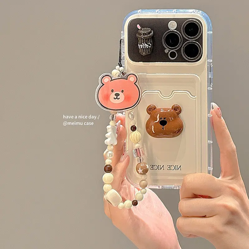Bear-themed card holder case suitable for iPhone 15 Pro Max, new iphone 16, 13 with chain, 12 for niche female users, 11 cartoon cute, 14 Pro Korean style, 15 airbag full-coverage soft case