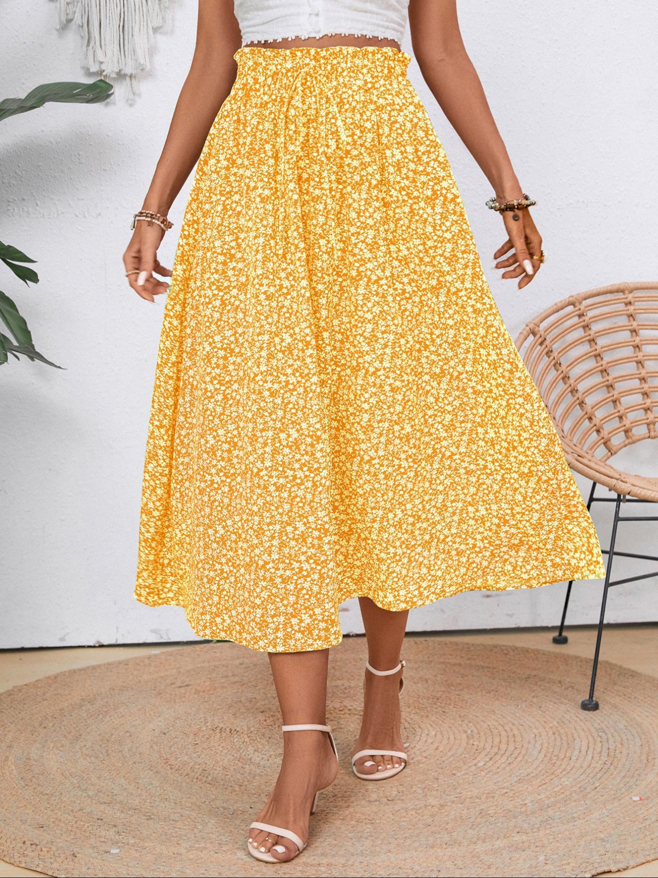 Women's Plain / Ditsy Floral Print Paper Bag Waist A Line Skirt, Boho Pocket High Waist Midi Skirt for Beach Vacation Holiday, Ladies Bottoms for All Seasons