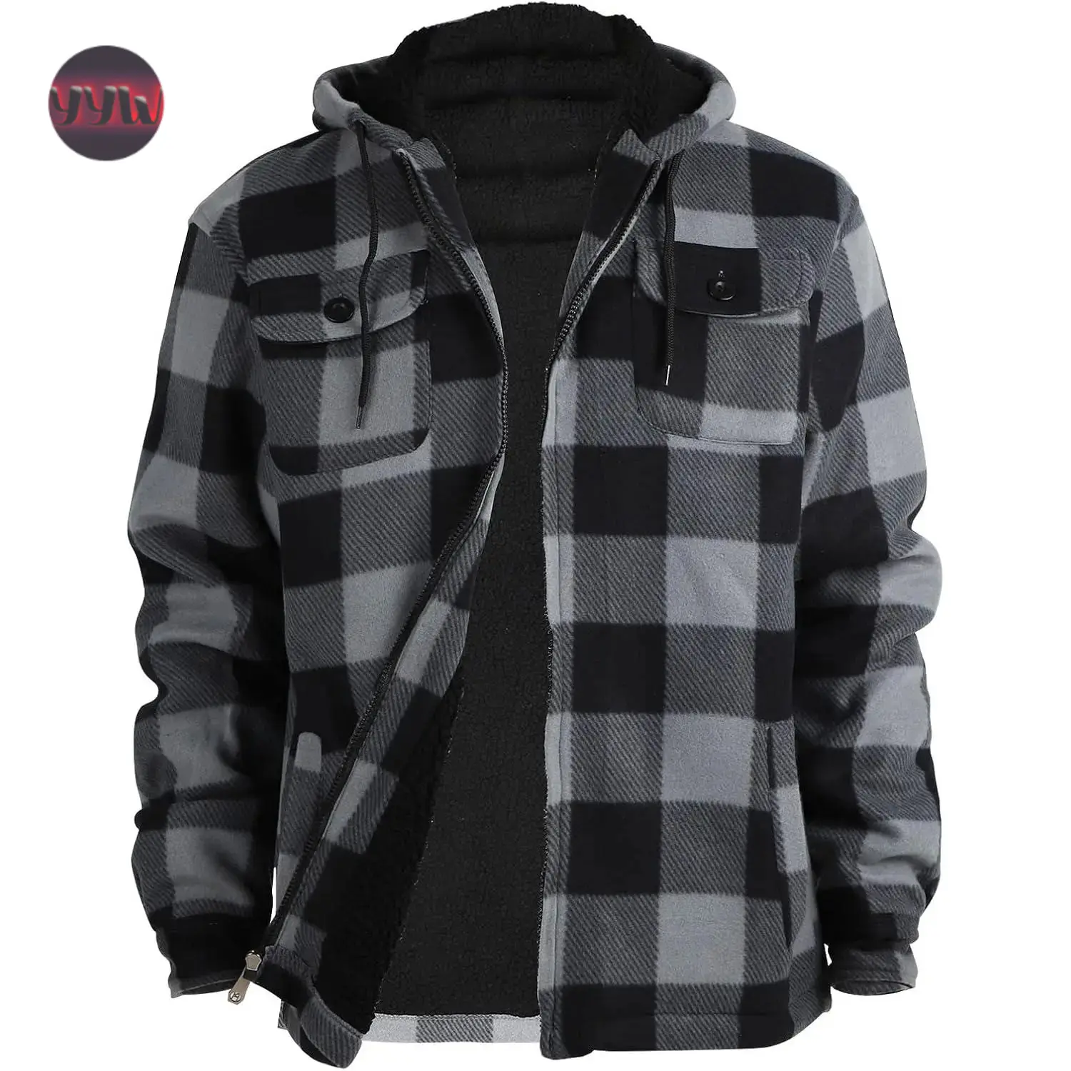 YYW1 2025 Christmas Plus Size Heavy Thick Classic Plaid Cotton Blend Sherpa Fleece Lined Hoodie, Men's Zip-Up Medium Length Fitted Cut Winter Warm Coat, Machine Wash Buffalo Plaid Sweatshirt