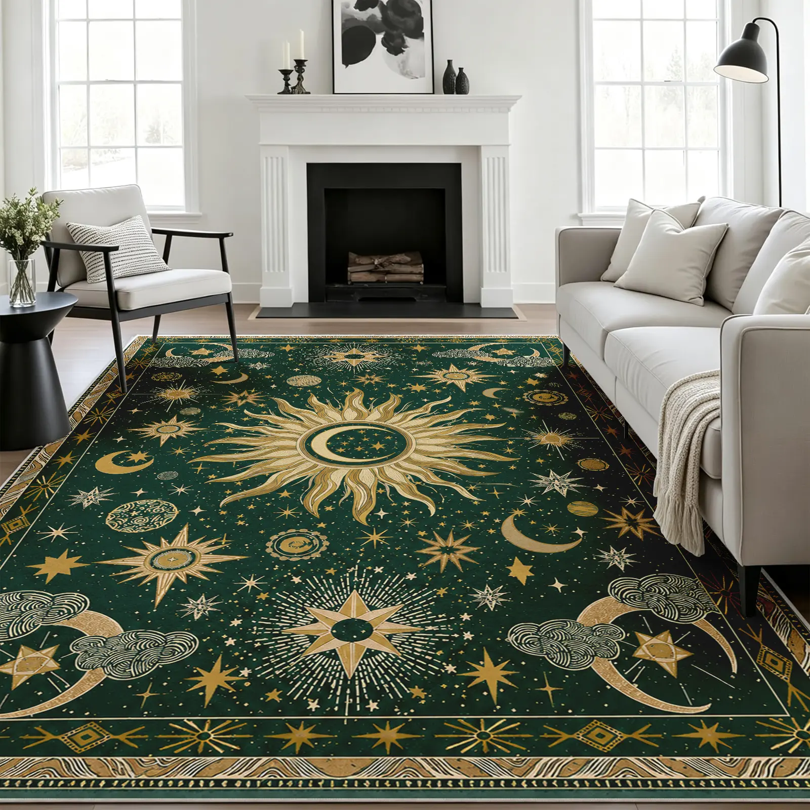 8x10ft Celestial Sun and Moon Motif Area Rug - Ultra-Soft, Non-Slip Backing, Durable Edge, Machine-Washable, Stain-Resistant Floor Carpet for Living Room, Bedroom, Office, and Dining Room, Easy Care Home Decor Alfombras Para Sala, Contemporary Home Decor,