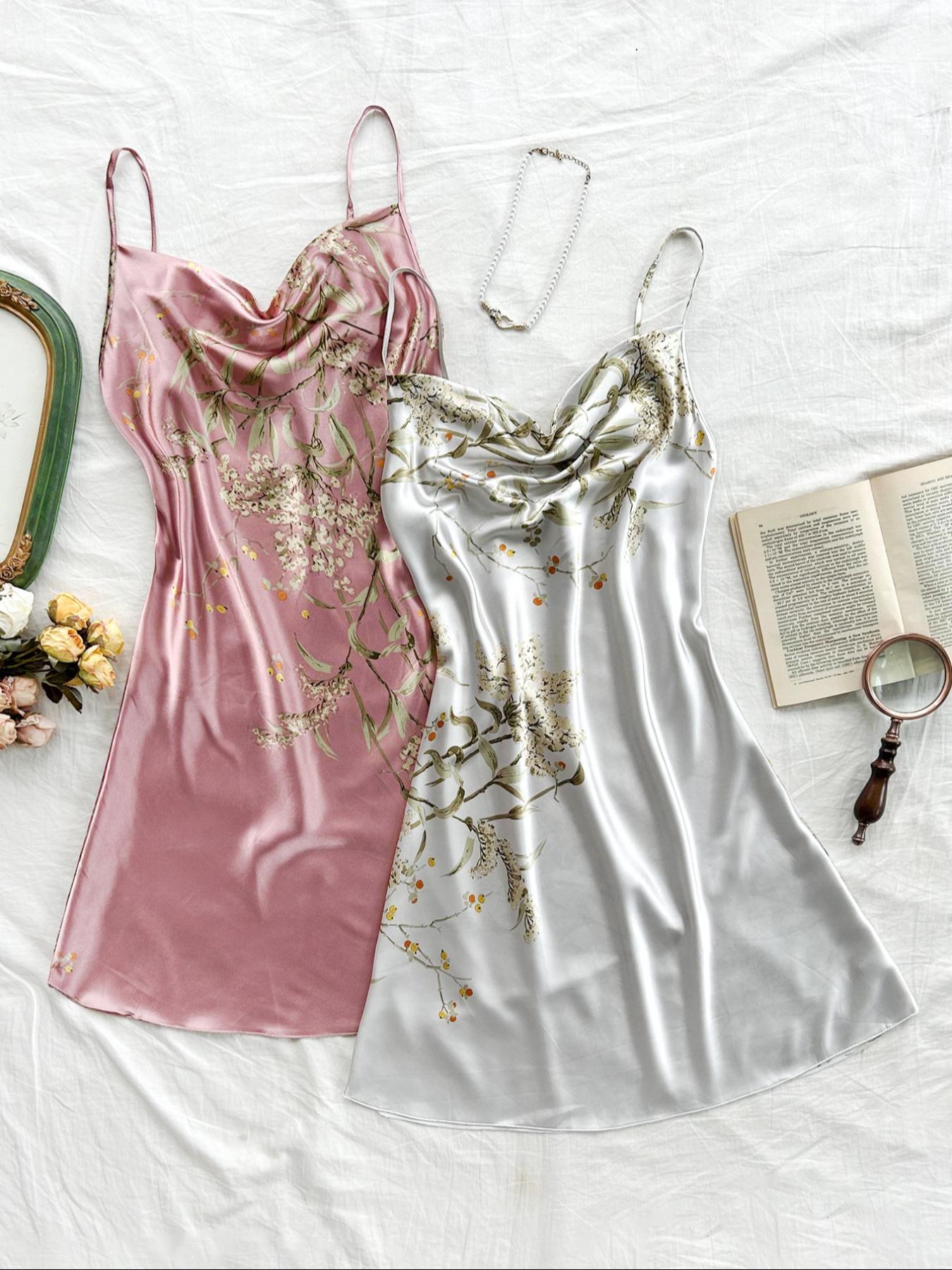 Women's Floral Print Satin Cami Nightdress, Fitted Draped Spaghetti Strap Sleeveless Nightgown, Soft Comfy Aesthetic Sleepwear Loungewear Set for Women