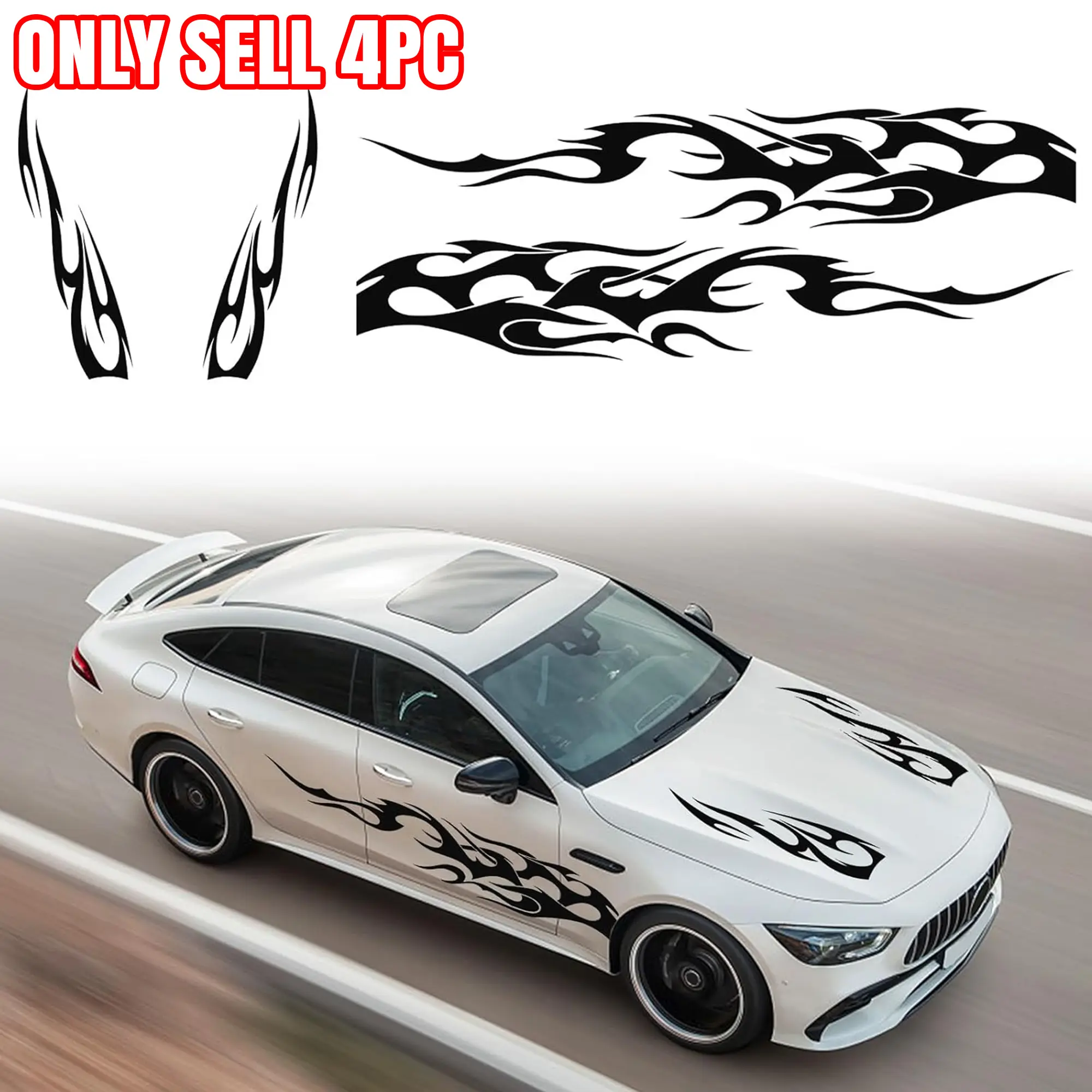4PCS Universal Racing Body Side Stripe Skirt Decals, Auto Hood & Sides Door Decoration Flame Pattern Graphics Vinyl Sticker for Cars, SUVs, Sedan