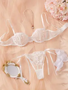 Women's Bra Panty Stocking Set with Adjustable Straps, Sexy Embroidered Sheer Lingerie, High-Quality Comfortable Underwear, Elegant Ladies' Clothing, Embroidery, Underwear Sets