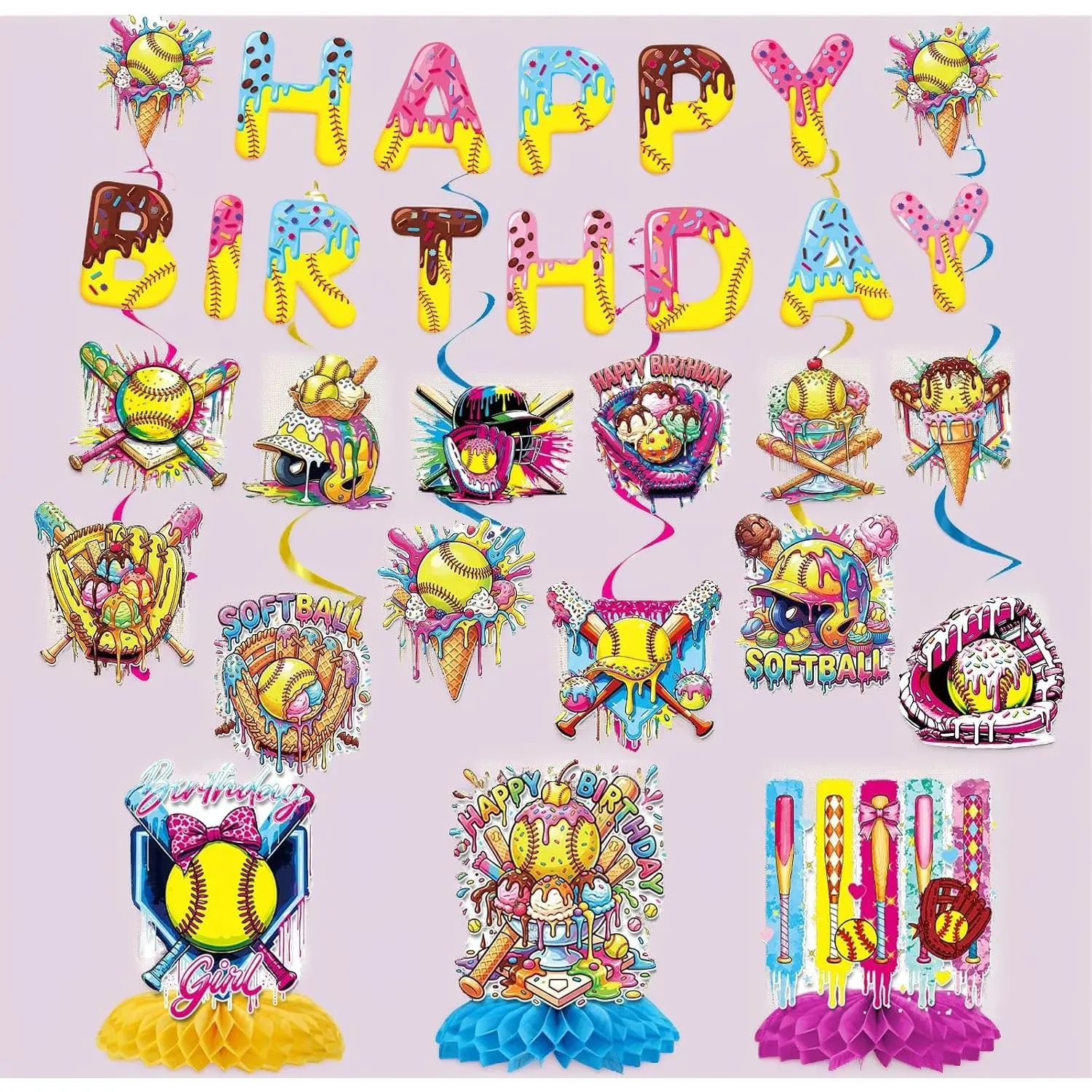 15Pcs Paper Softball & Ice Cream Thematic Party Kit - Banners, Hanging Swirls, Honeycomb Centerpieces, Ideal Gifts for Girls' Sports Fun Birthday Bash, Team Parties