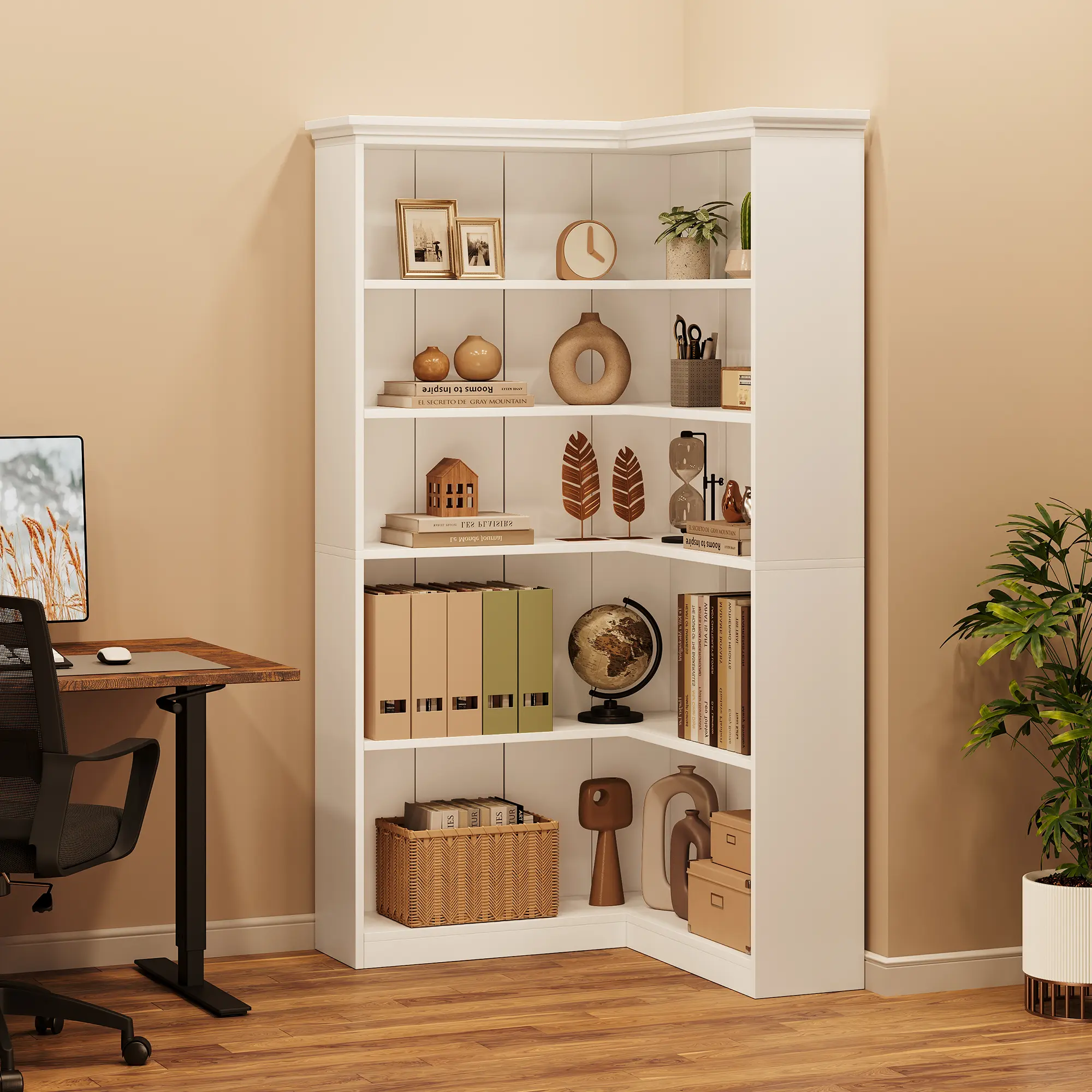 72.8" L-Shaped Corner Bookshelf, 5-Tier Wooden Bookcase with Half Back Panel, Farmhouse Tall Display Storage Rack with Anti-Tip Design for Living Room, Bedroom and Home Office